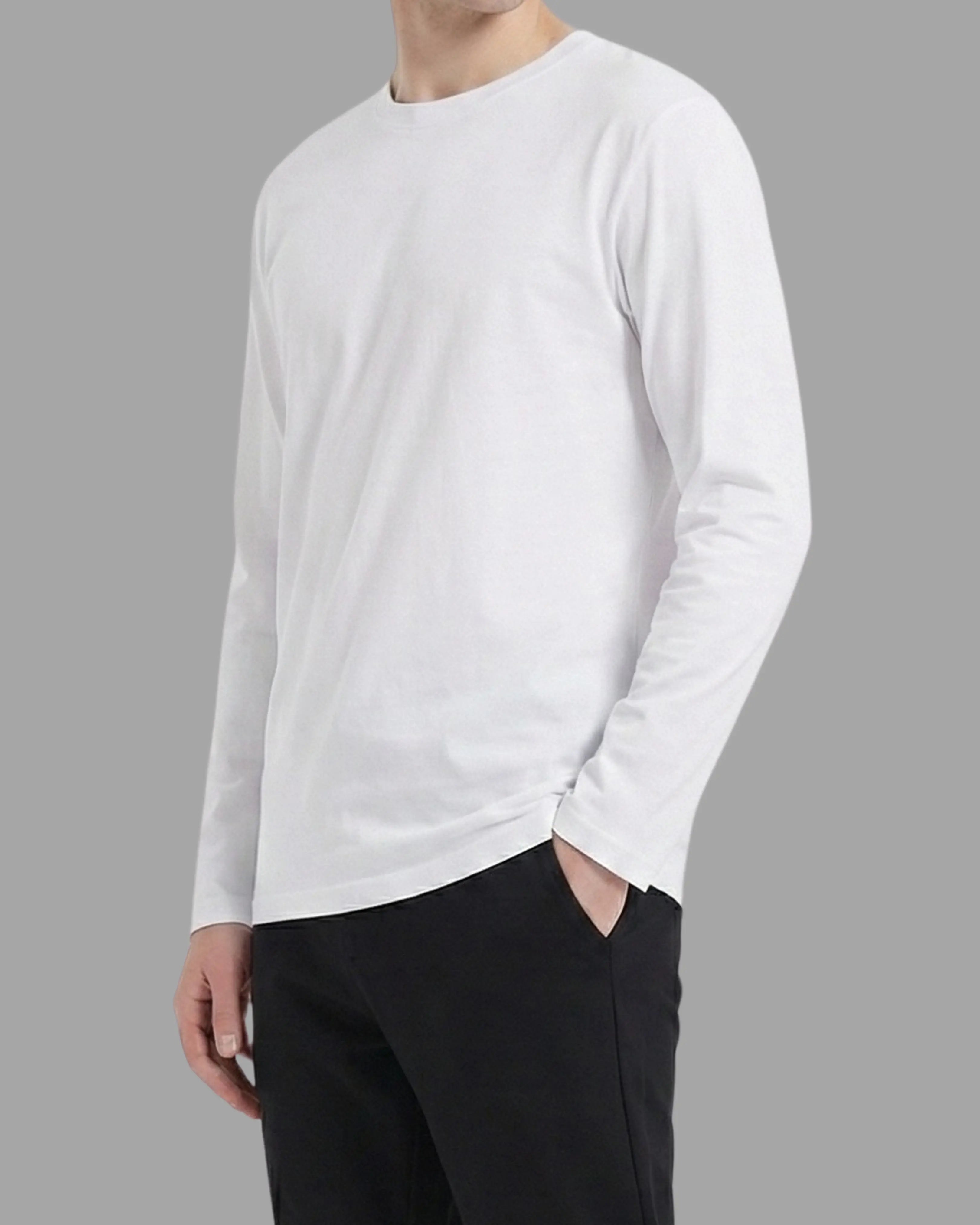man wearing white long sleeve t-shirt with heavyweight and 100% cotton fabric, tailored fit