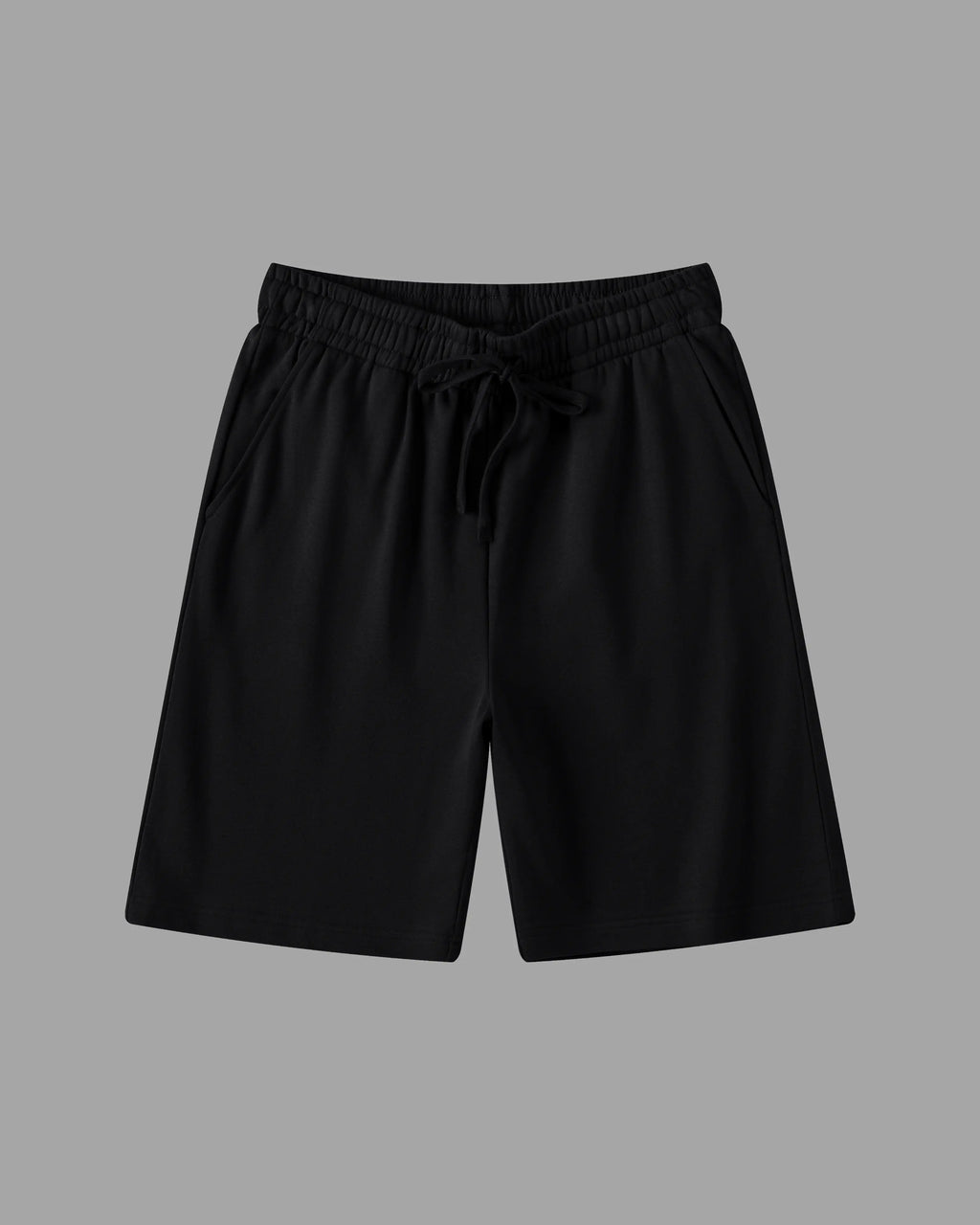 black cotton sweat shorts with draw string waist and deep pockets