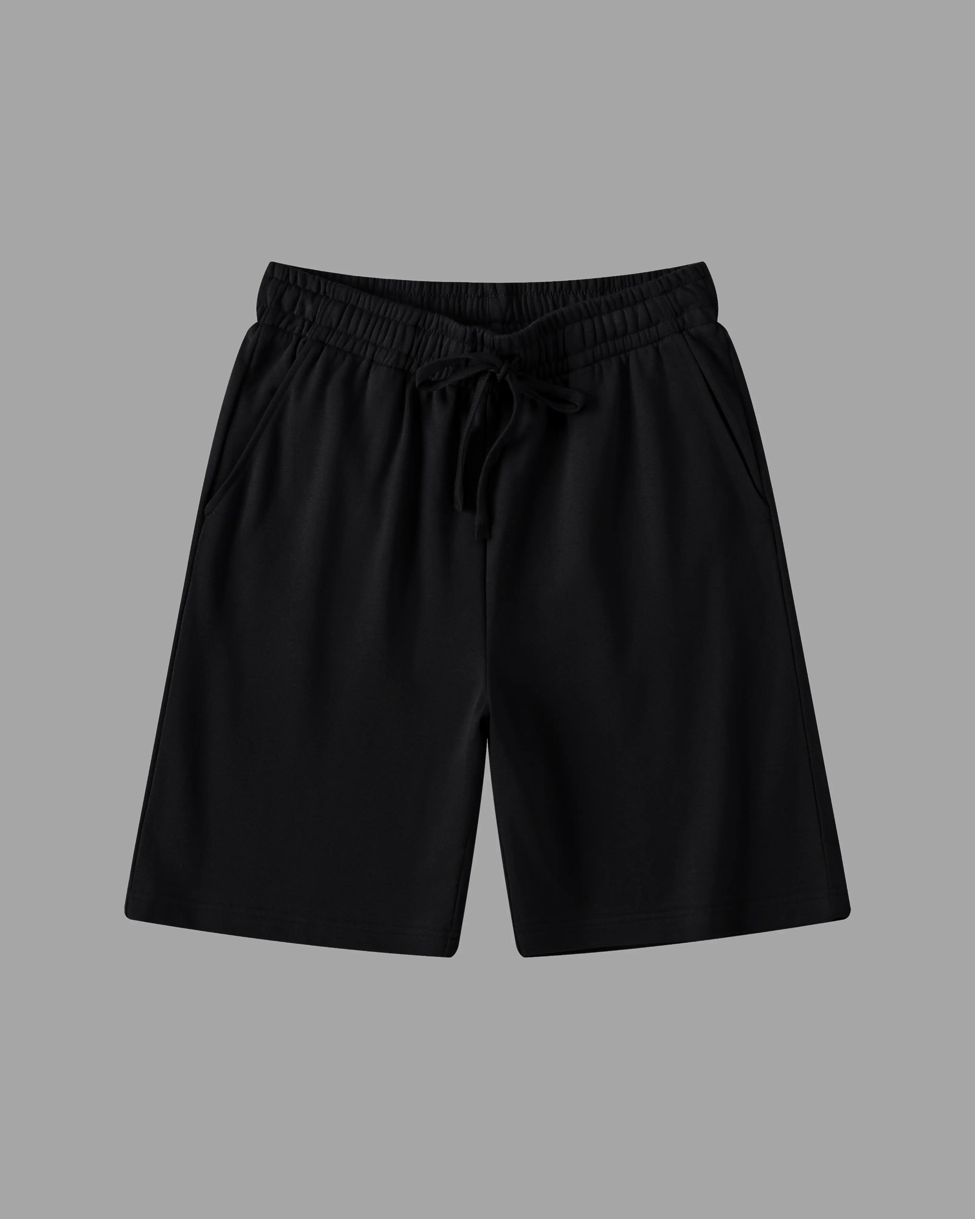 black cotton sweat shorts with draw string waist and deep pockets