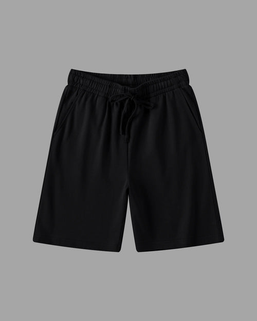 black cotton sweat shorts with draw string waist and deep pockets