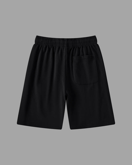 black cotton sweat shorts with draw string waist and deep pockets